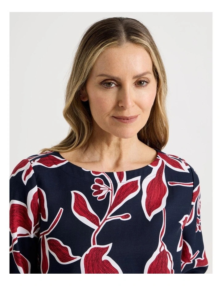 3/4 Sleeve Top With Fold Up Cuff & Feature Button in Navy/Red Leaf Print image 4