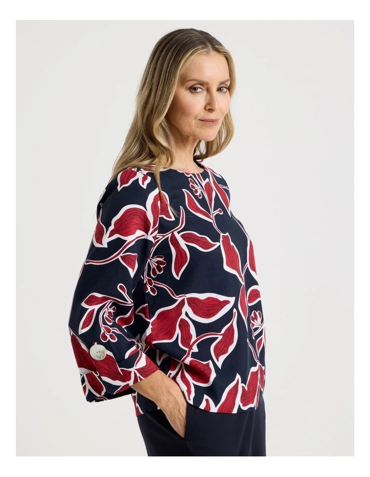 3/4 Sleeve Top With Fold Up Cuff & Feature Button in Navy/Red Leaf Print image 5