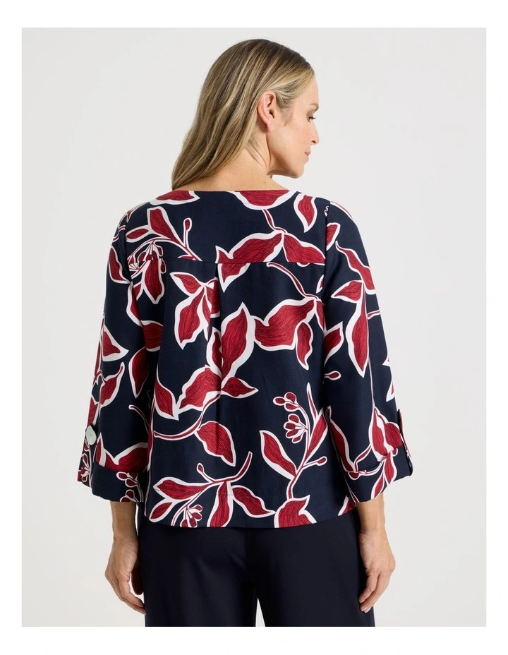 3/4 Sleeve Top With Fold Up Cuff & Feature Button in Navy/Red Leaf Print image 6