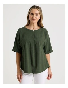 Extended Short Sleeve Top With Front Pleat & Button in Olive