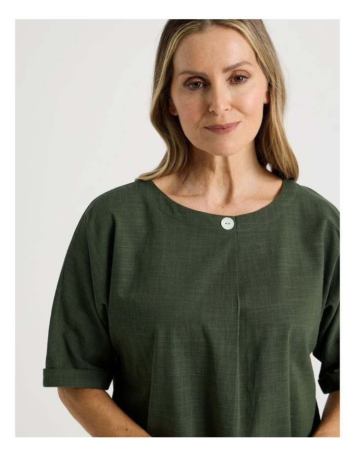Extended Short Sleeve Top With Front Pleat & Button in Olive image 2