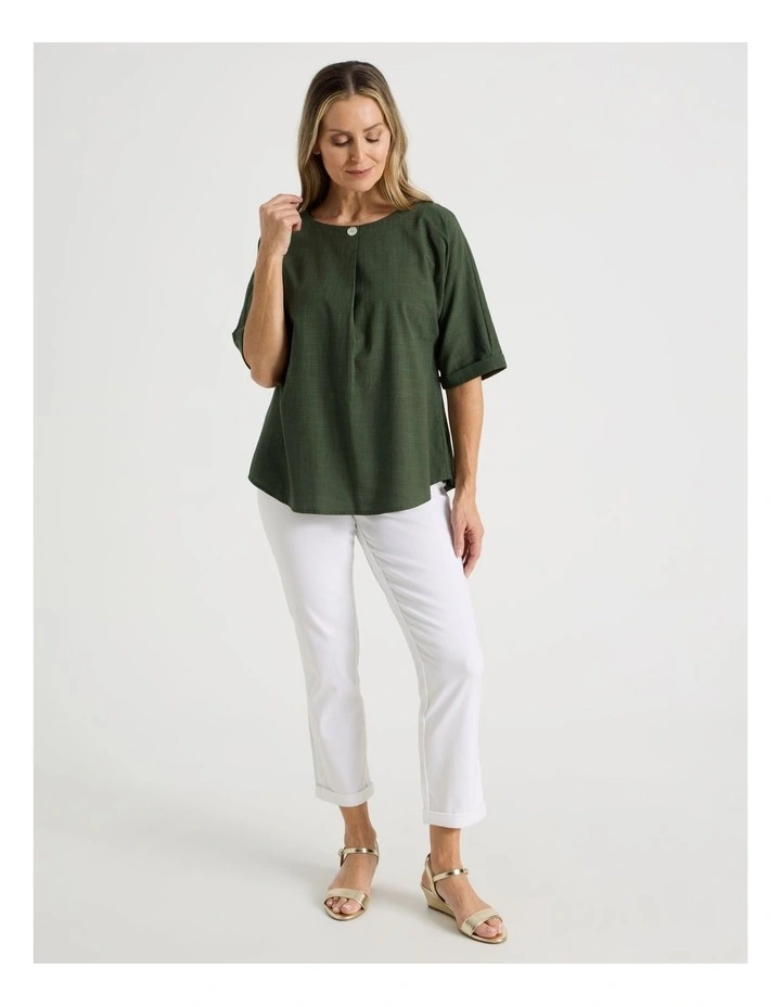 Extended Short Sleeve Top With Front Pleat & Button in Olive image 3