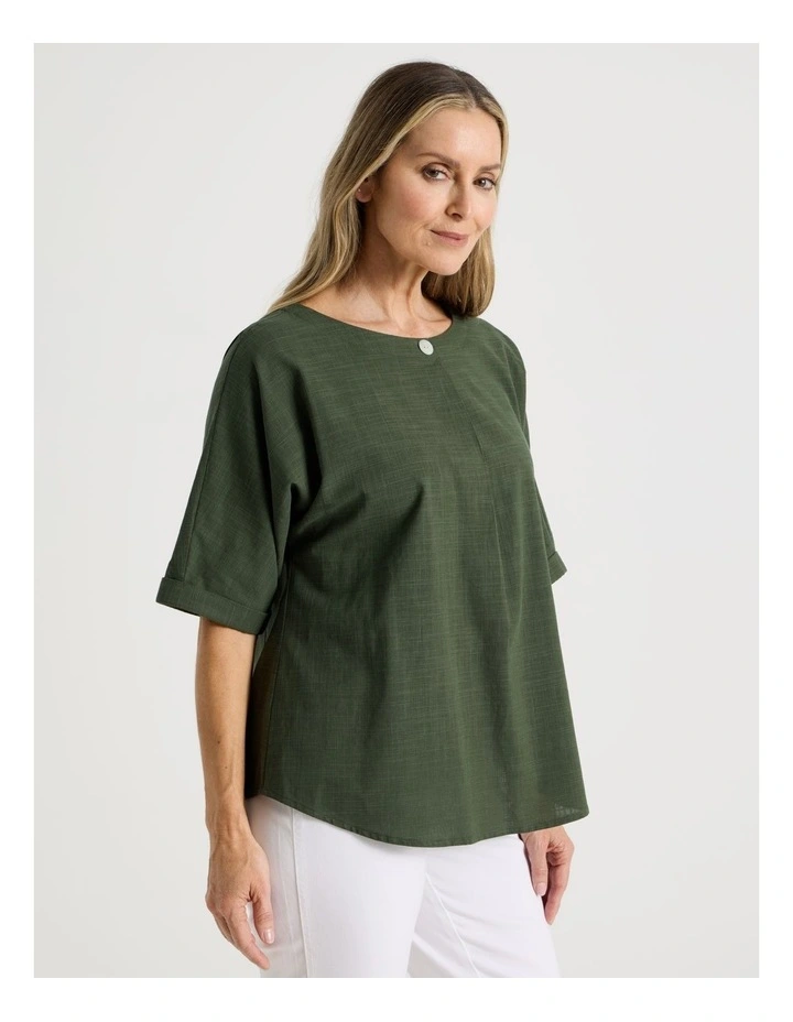 Extended Short Sleeve Top With Front Pleat & Button in Olive image 4