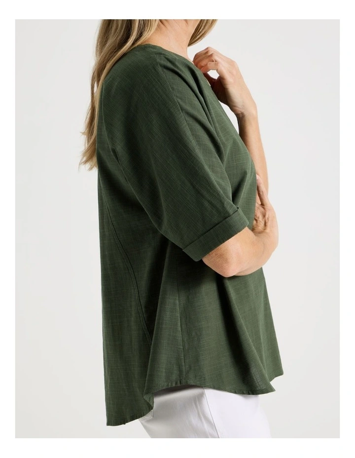 Extended Short Sleeve Top With Front Pleat & Button in Olive image 5