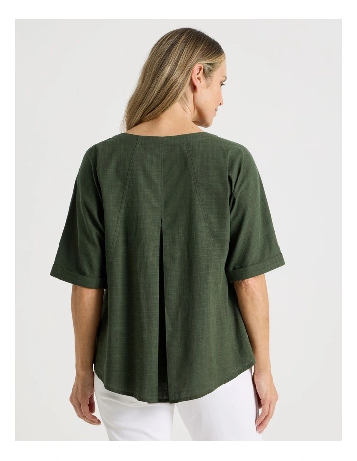 Extended Short Sleeve Top With Front Pleat & Button in Olive image 6