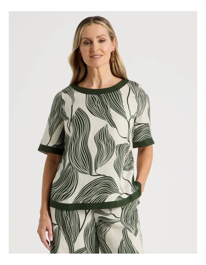 Short Sleeve Top With Solid Contrasts in Neutral/Olive Print image 1
