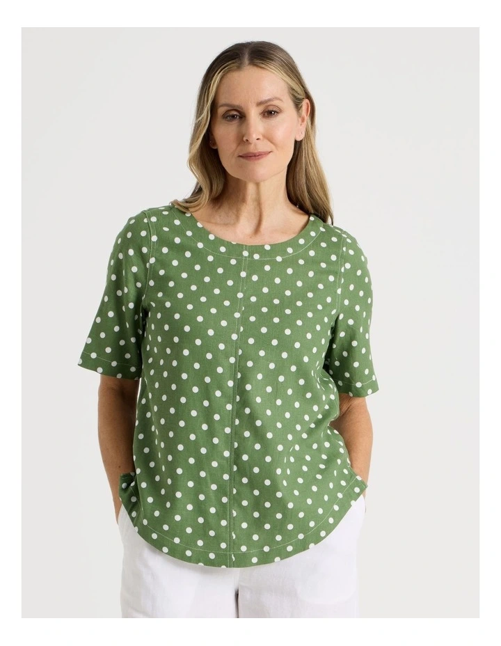 Short Sleeve Top With CF Seam & Curved Hem in Green/White Spot image 1