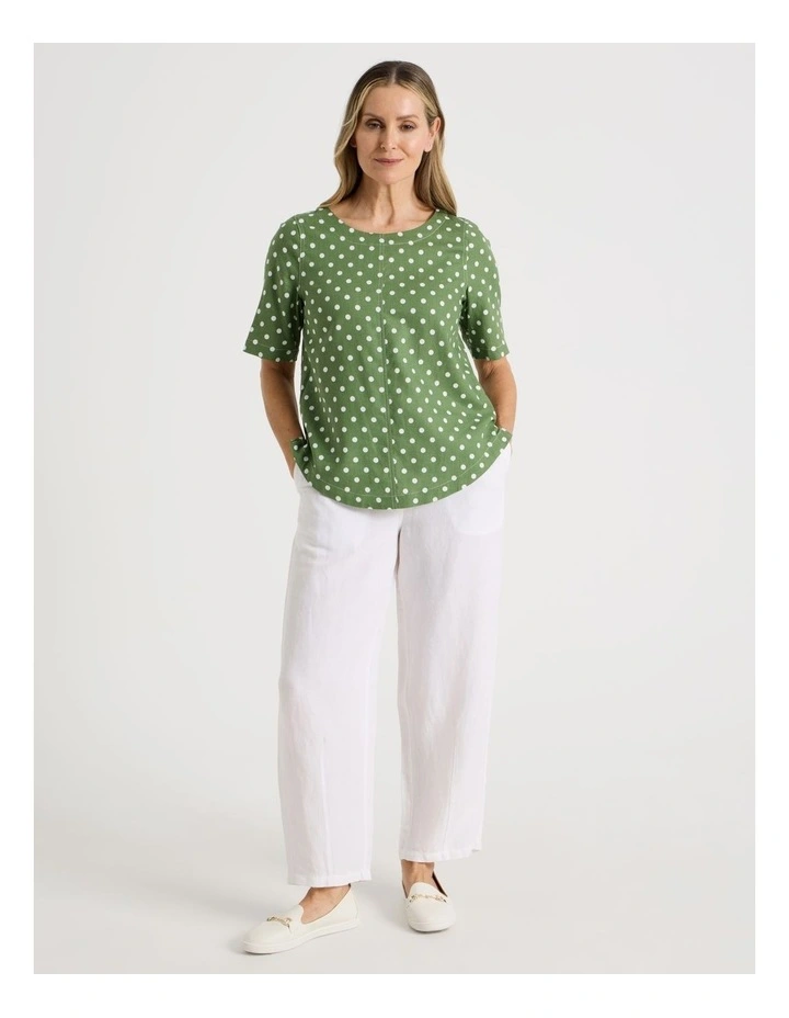 Short Sleeve Top With CF Seam & Curved Hem in Green/White Spot image 2