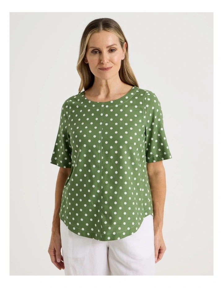 Short Sleeve Top With CF Seam & Curved Hem in Green/White Spot image 5