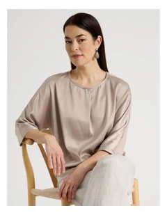 Satin Front Short Magyar Sleeve Mixed Media Tee in Champagne