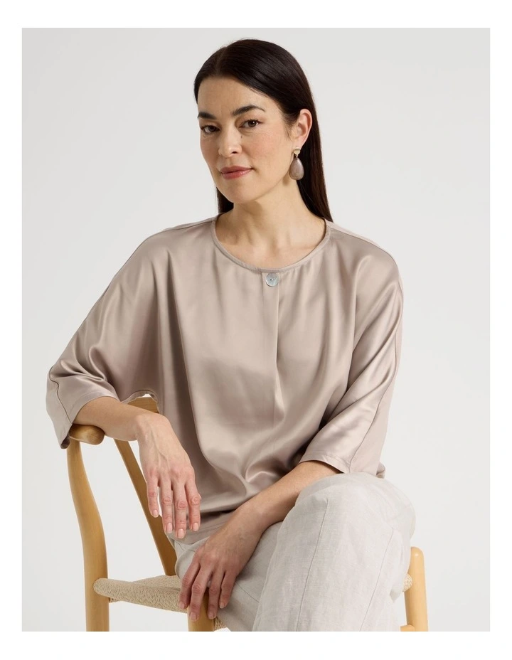 Satin Front Short Magyar Sleeve Mixed Media Tee in Champagne image 1