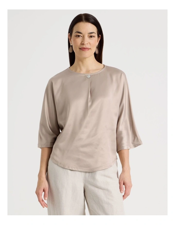 Satin Front Short Magyar Sleeve Mixed Media Tee in Champagne image 2