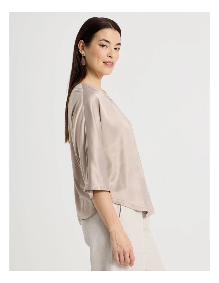 Satin Front Short Magyar Sleeve Mixed Media Tee in Champagne image 3