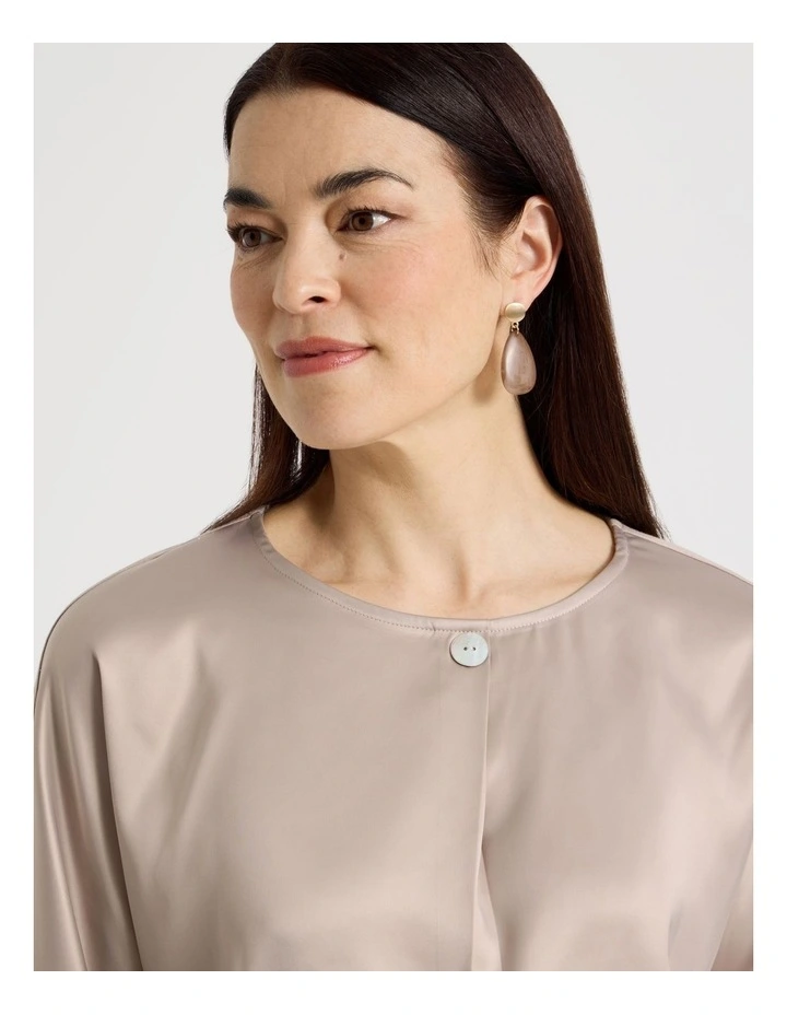 Satin Front Short Magyar Sleeve Mixed Media Tee in Champagne image 5