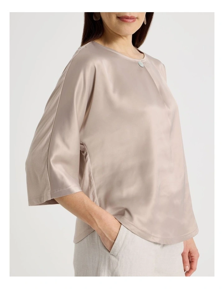 Satin Front Short Magyar Sleeve Mixed Media Tee in Champagne image 7