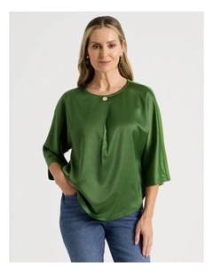 Satin Front Short Magyar Sleeve Mixed Media Tee in Green