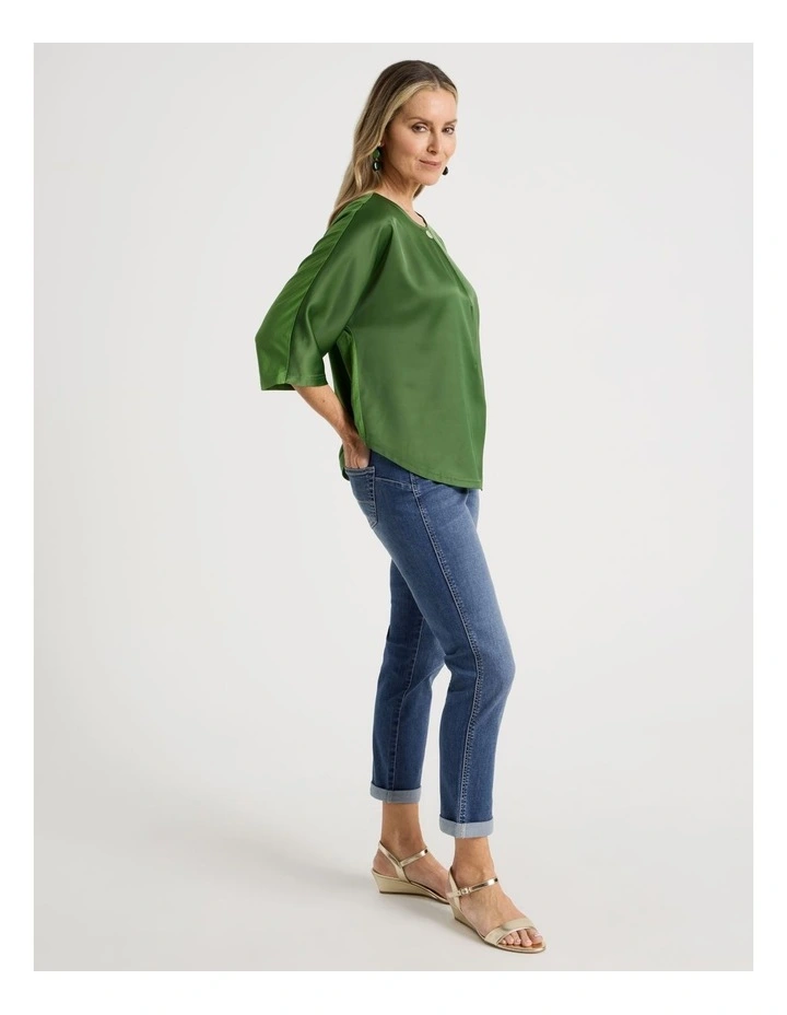 Satin Front Short Magyar Sleeve Mixed Media Tee in Green image 2