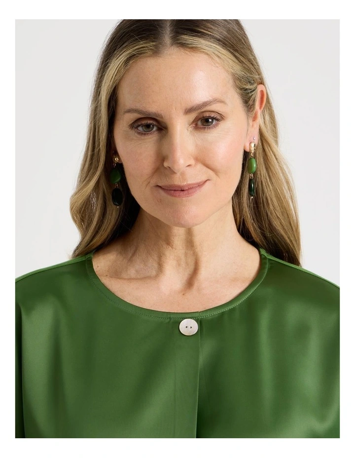 Satin Front Short Magyar Sleeve Mixed Media Tee in Green image 3