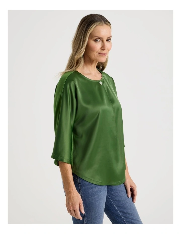 Satin Front Short Magyar Sleeve Mixed Media Tee in Green image 4