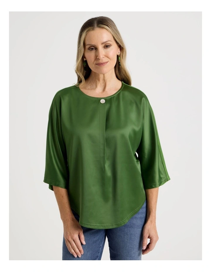 Satin Front Short Magyar Sleeve Mixed Media Tee in Green image 5