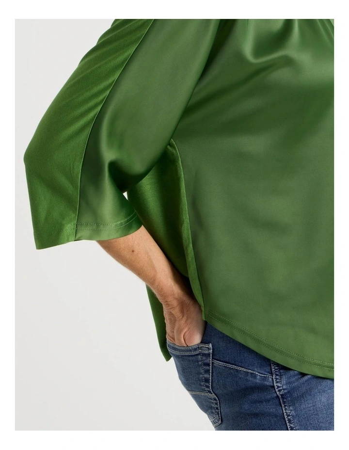 Satin Front Short Magyar Sleeve Mixed Media Tee in Green image 7