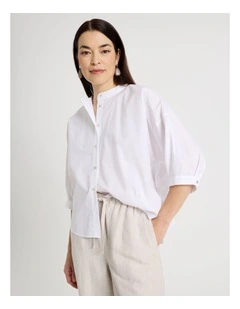 3/4 Sleeve Shirt With Curved Back Hem in White