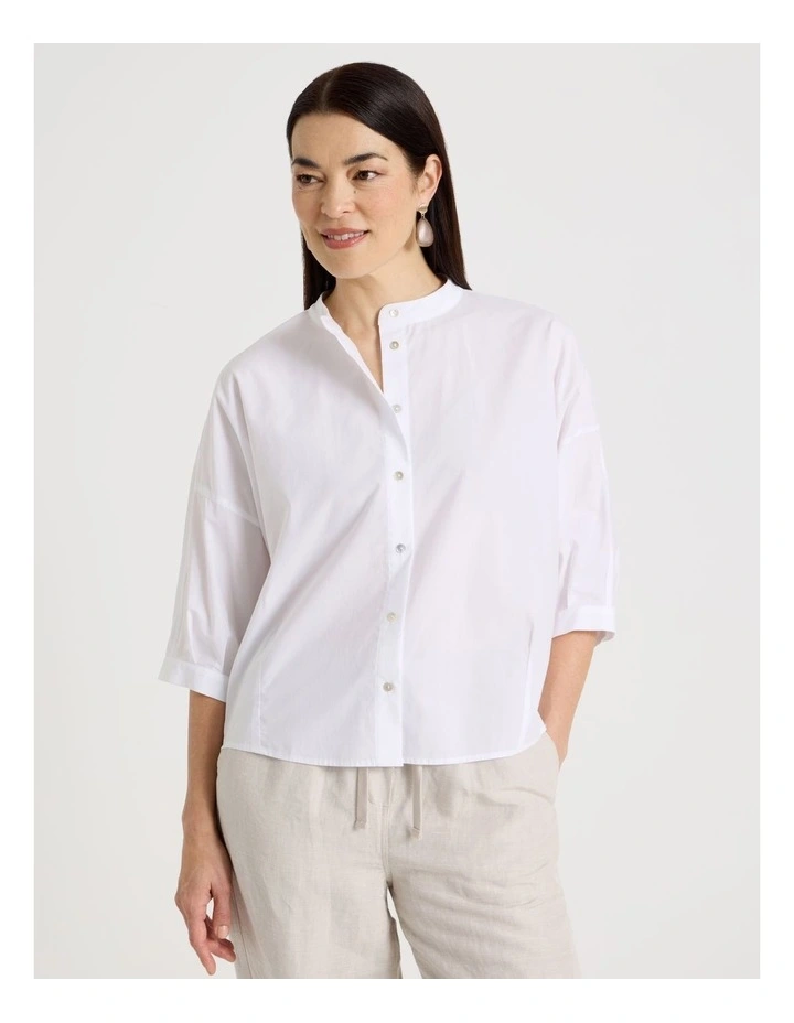 3/4 Sleeve Shirt With Curved Back Hem in White image 4