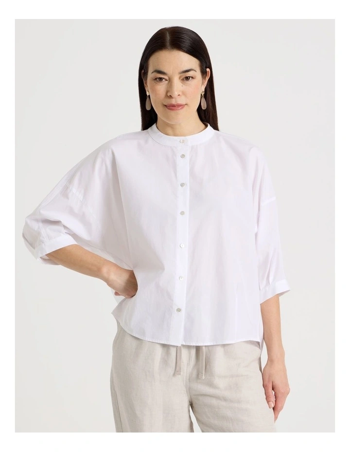 3/4 Sleeve Shirt With Curved Back Hem in White image 5