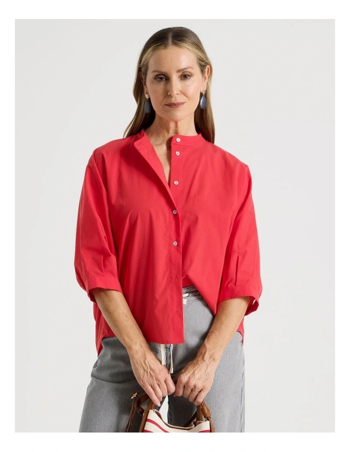 3/4 Sleeve Shirt With Curved Back Hem in Red image 1