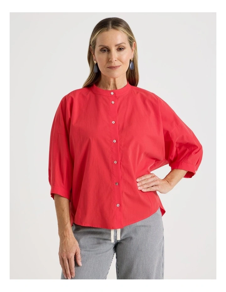 3/4 Sleeve Shirt With Curved Back Hem in Red image 5