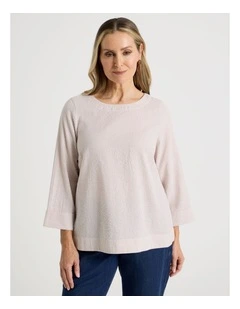 3/4 Sleeve Top With Fold Back Cuff in Neutral/White Gingham
