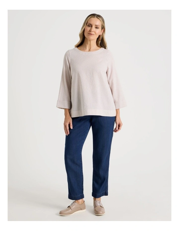 3/4 Sleeve Top With Fold Back Cuff in Neutral/White Gingham image 2