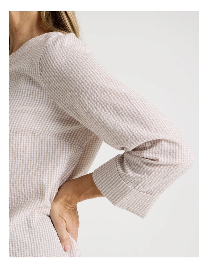 3/4 Sleeve Top With Fold Back Cuff in Neutral/White Gingham image 3