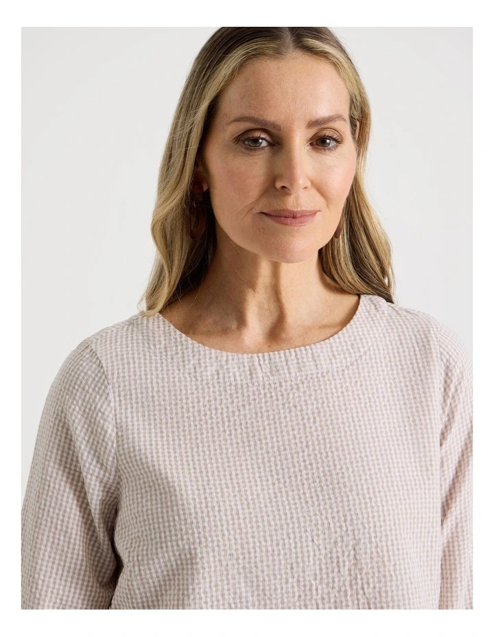 3/4 Sleeve Top With Fold Back Cuff in Neutral/White Gingham image 4