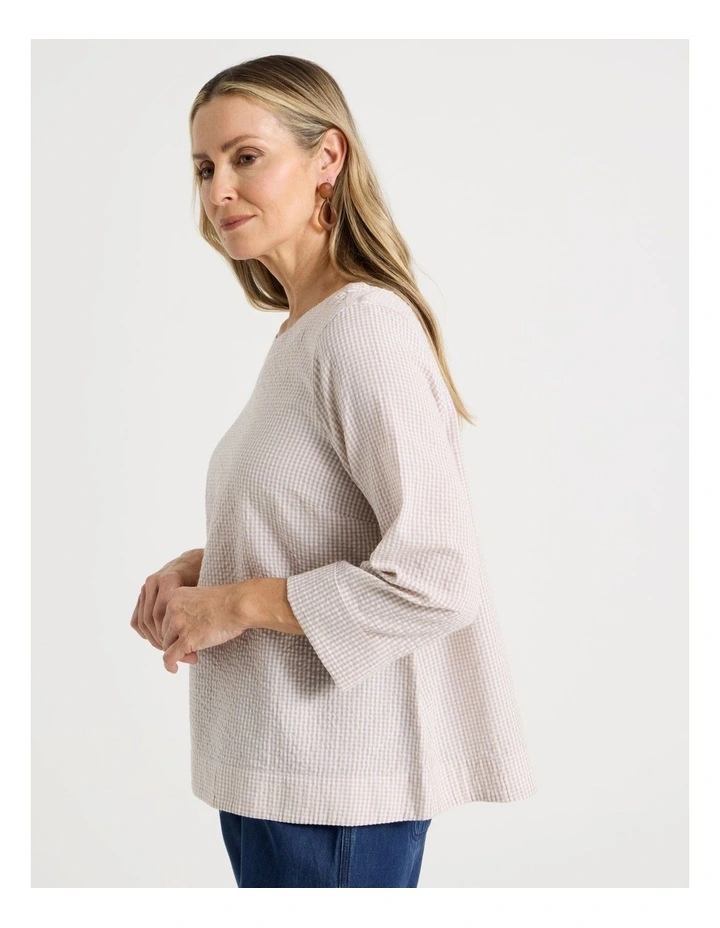 3/4 Sleeve Top With Fold Back Cuff in Neutral/White Gingham image 5