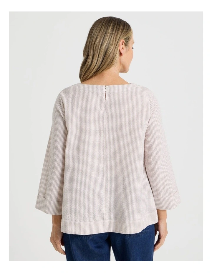 3/4 Sleeve Top With Fold Back Cuff in Neutral/White Gingham image 6