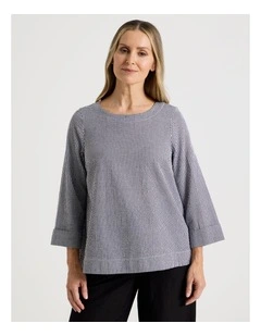 3/4 Sleeve Top With Fold Back Cuff in Black/White Gingham
