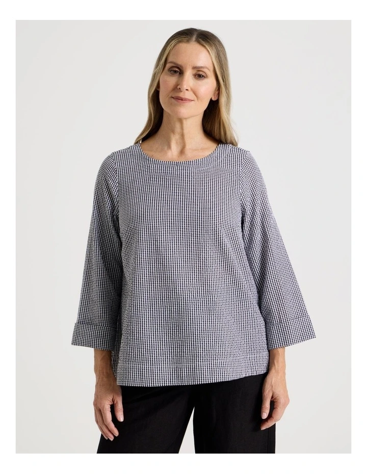 3/4 Sleeve Top With Fold Back Cuff in Black/White Gingham image 1