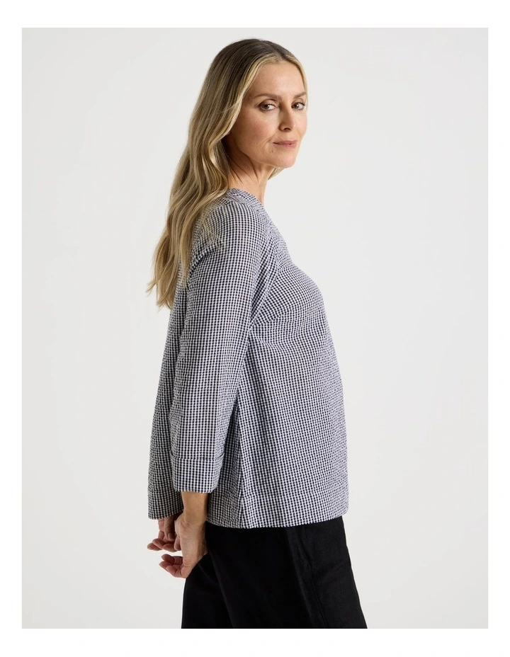 3/4 Sleeve Top With Fold Back Cuff in Black/White Gingham image 3