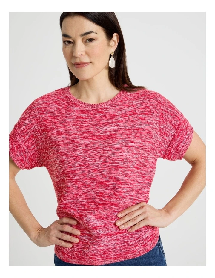 Knitted Short Extended Sleeve Top With Boat Neck in Red/Ivory Twist image 2
