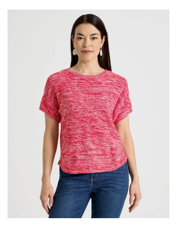 Knitted Short Extended Sleeve Top With Boat Neck in Red/Ivory Twist image 3
