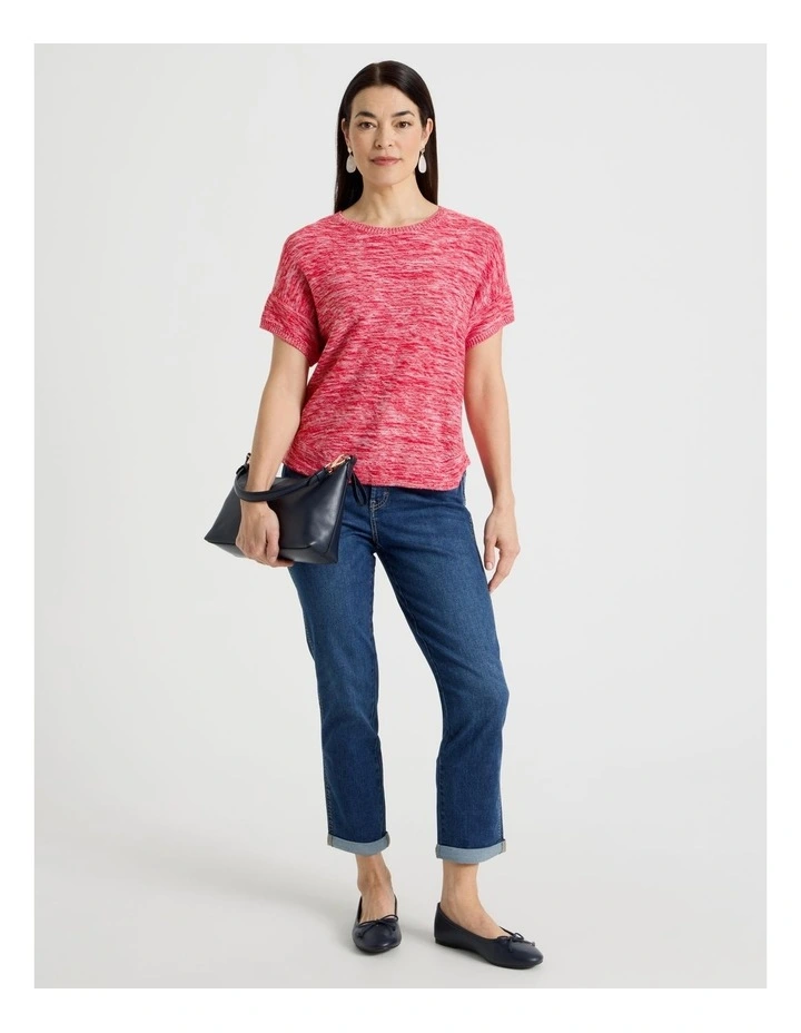 Knitted Short Extended Sleeve Top With Boat Neck in Red/Ivory Twist image 4