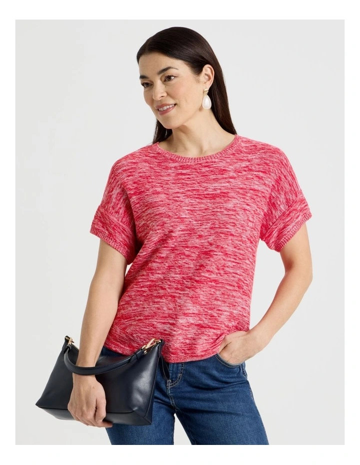 Knitted Short Extended Sleeve Top With Boat Neck in Red/Ivory Twist image 5