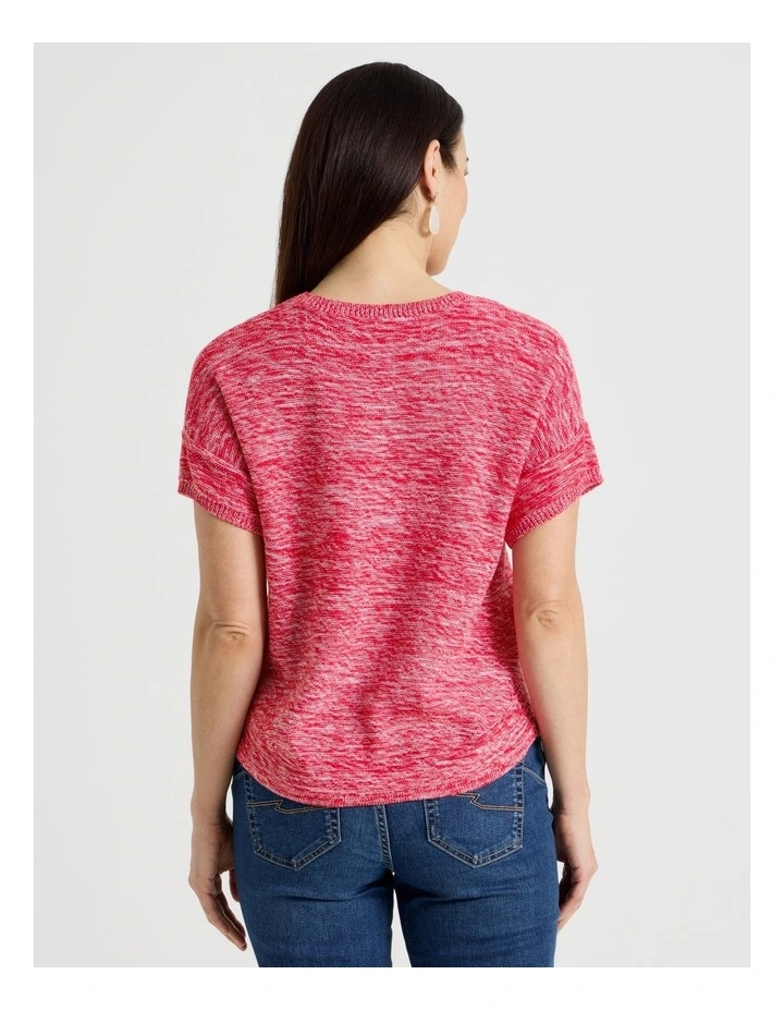 Knitted Short Extended Sleeve Top With Boat Neck in Red/Ivory Twist image 6