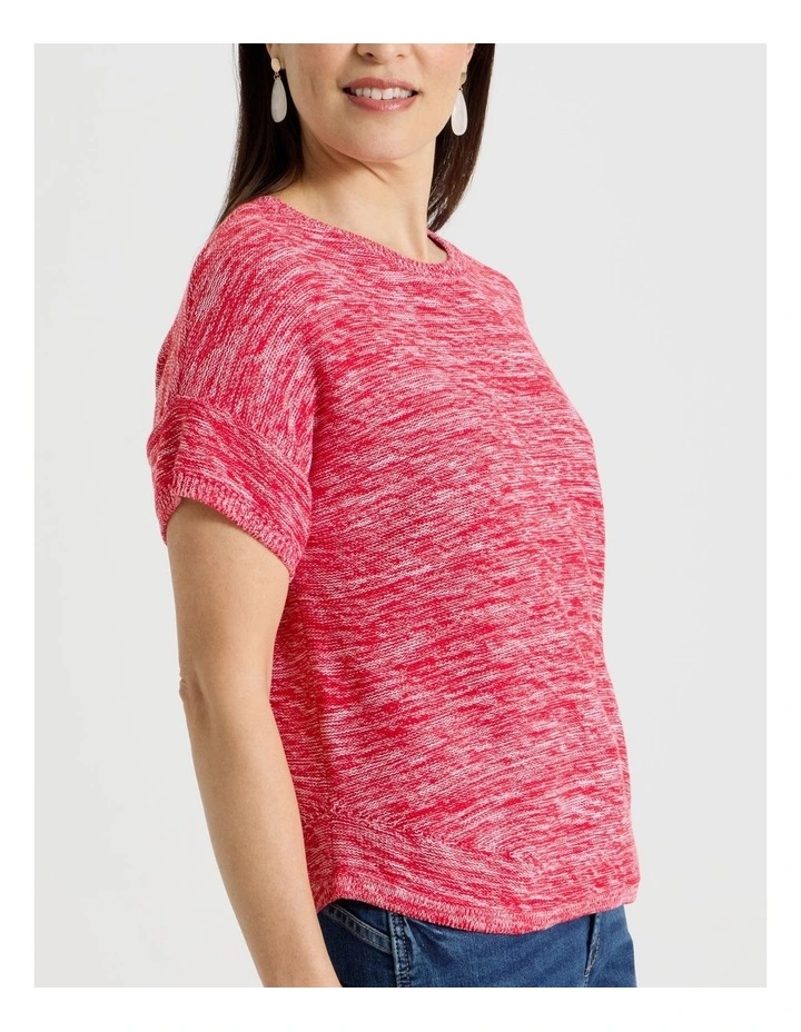 Knitted Short Extended Sleeve Top With Boat Neck in Red/Ivory Twist image 7