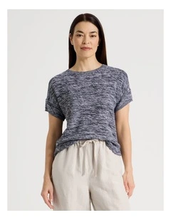 Knitted Short Extended Sleeve Top With Boat Neck in Navy/Ivory Twist
