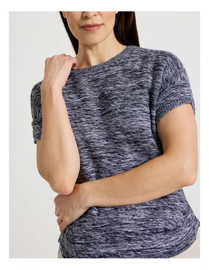 Knitted Short Extended Sleeve Top With Boat Neck in Navy/Ivory Twist image 2