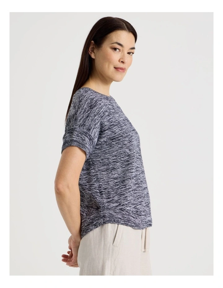 Knitted Short Extended Sleeve Top With Boat Neck in Navy/Ivory Twist image 4