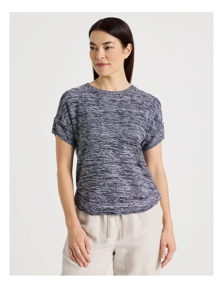 Knitted Short Extended Sleeve Top With Boat Neck in Navy/Ivory Twist image 5