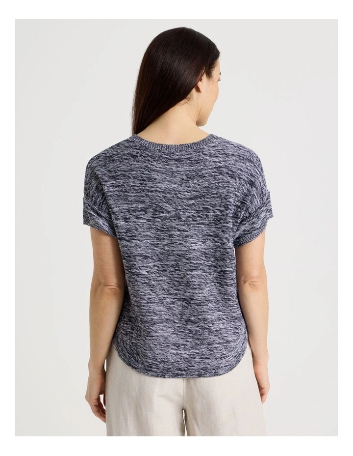 Knitted Short Extended Sleeve Top With Boat Neck in Navy/Ivory Twist image 6